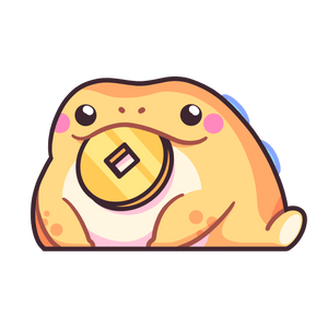Lucky the Jin Chan illustration by TOTYM: a cute three‑legged money frog inspired by Chinese folklore, yellow‑orange with rosy cheeks, holding a gold coin in its mouth, symbol of luck and prosperity.