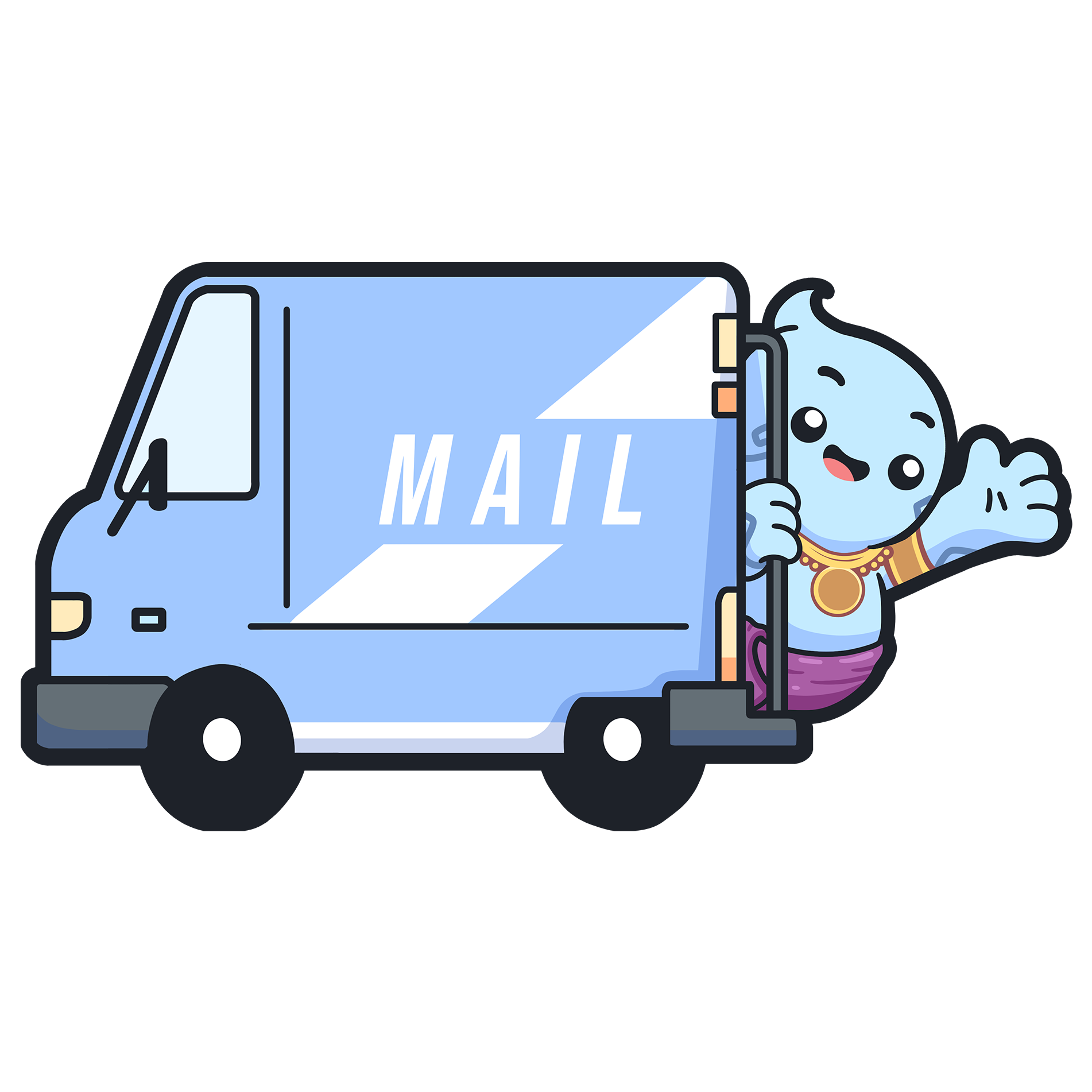 Charming blue Djinn plush by TOTYM, resembling a friendly genie, waving from a blue mail truck. Designed in a kawaii, collectible mythical creature style