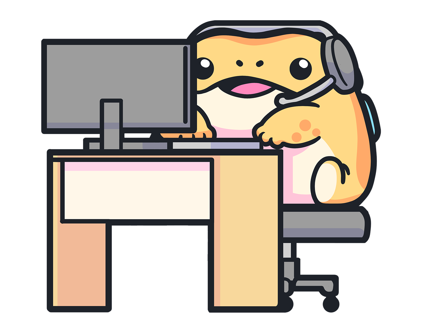Adorable Jin Chan frog plush by TOTYM sitting at a desk with a computer, wearing a headset, designed in a kawaii mythical creature style, perfect for collectors.