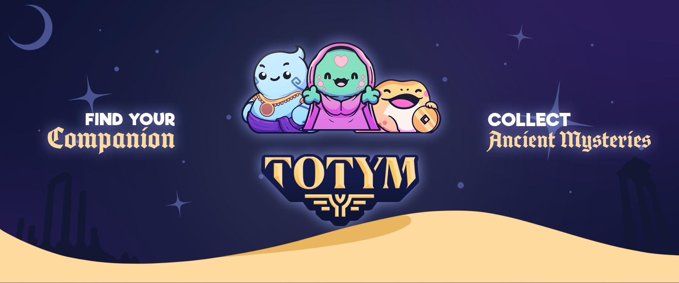 Website banner where TOTYM creatures including Luna, Mirage, and Lucky are standing over the TOTYM logo