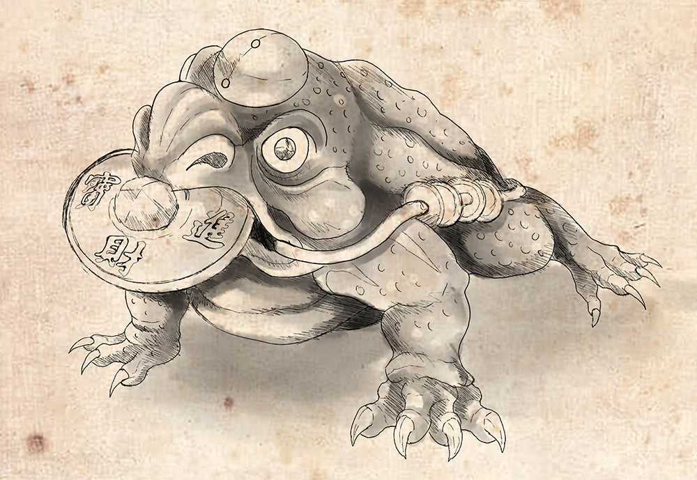 Mythical Jin Chan, a three-legged frog from Chinese folklore, holding a coin in its mouth and symbolizing wealth, luck, and abundance.