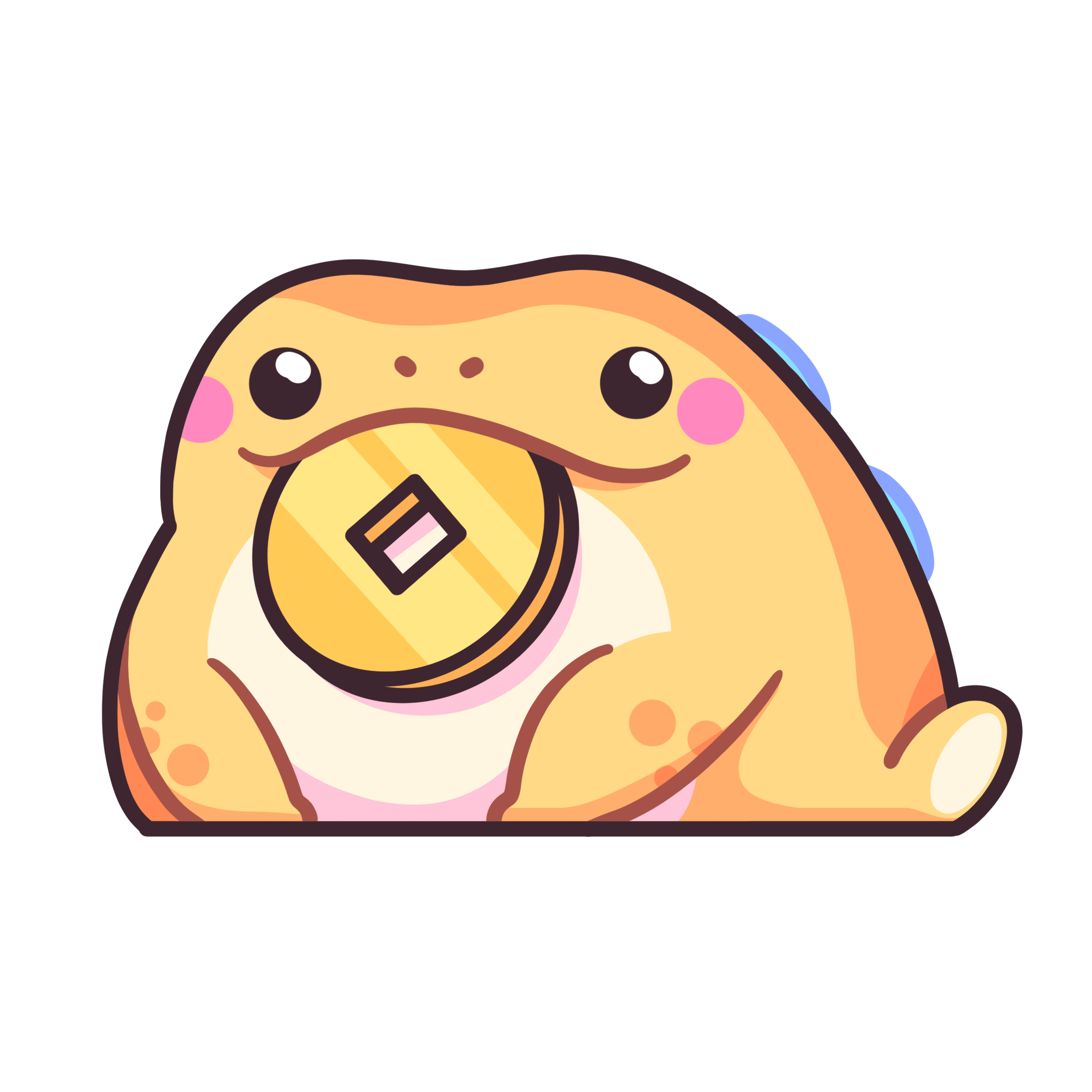 Lucky the Jin Chan illustration by TOTYM: a cute three‑legged money frog inspired by Chinese folklore, yellow‑orange with rosy cheeks, holding a gold coin in its mouth, symbol of luck and prosperity.