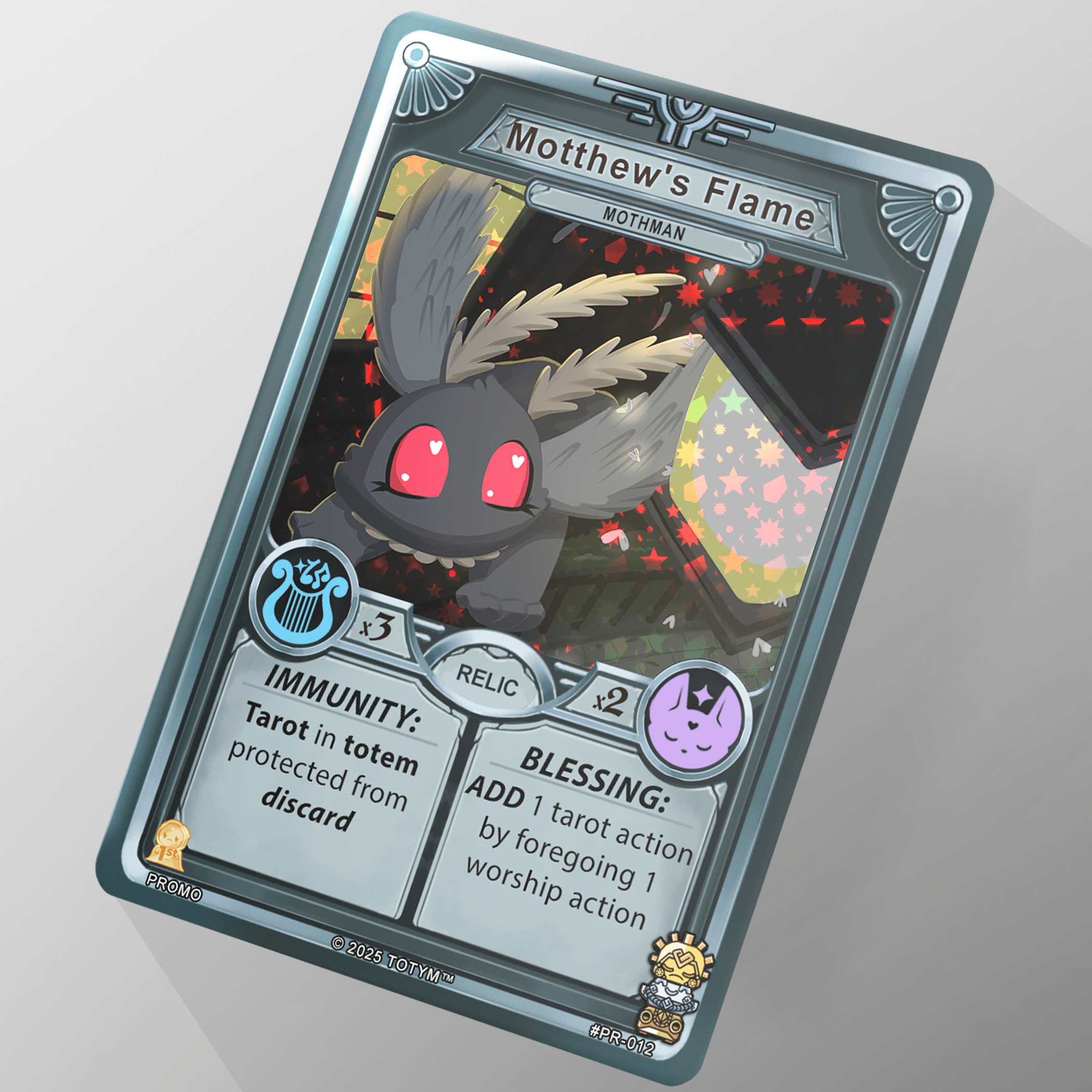Motthew’s Flame Holo Promo Card, a holographic Mothman trading card from the TOTYM collectible TCG.