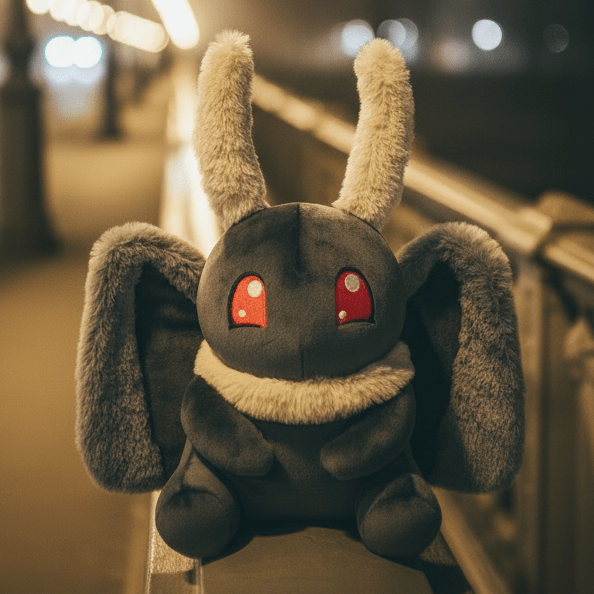 Motthew the Mothman plushie from TOTYM, a cute collectible cryptid plush inspired by the West Virginia legend, photographed at night under a street lamp, featuring soft wings, and red glowing eyes.