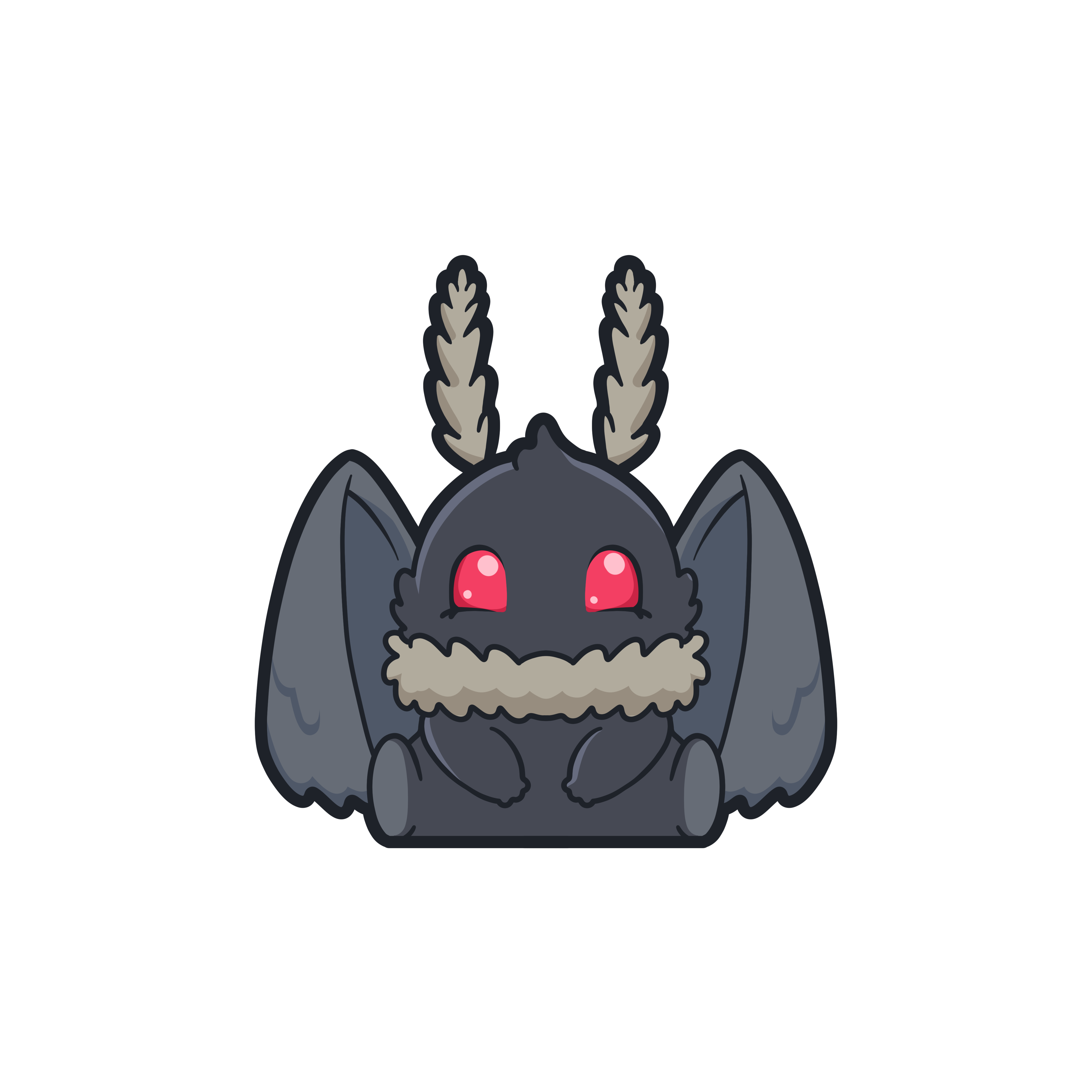 Motthew the Mothman illustration by TOTYM: a cute, winged cryptid inspired by West Virginia folklore, with fuzzy antennae and glowing red eyes.